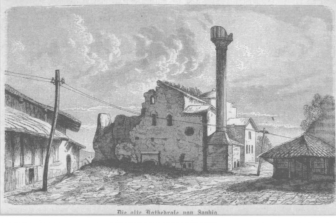 Gravure avec inscription allemande du 19e siècle  Histoire Eglise basilique Sainte-Sophie, Sofia